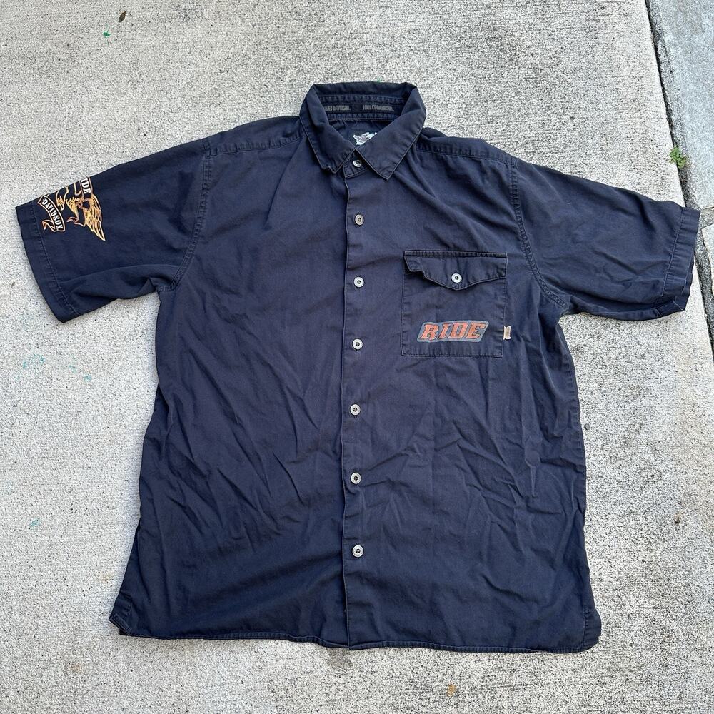 Harley Davidson Button Up Shirt Mens Large Black Short Sleeve Ride Biker Pocket